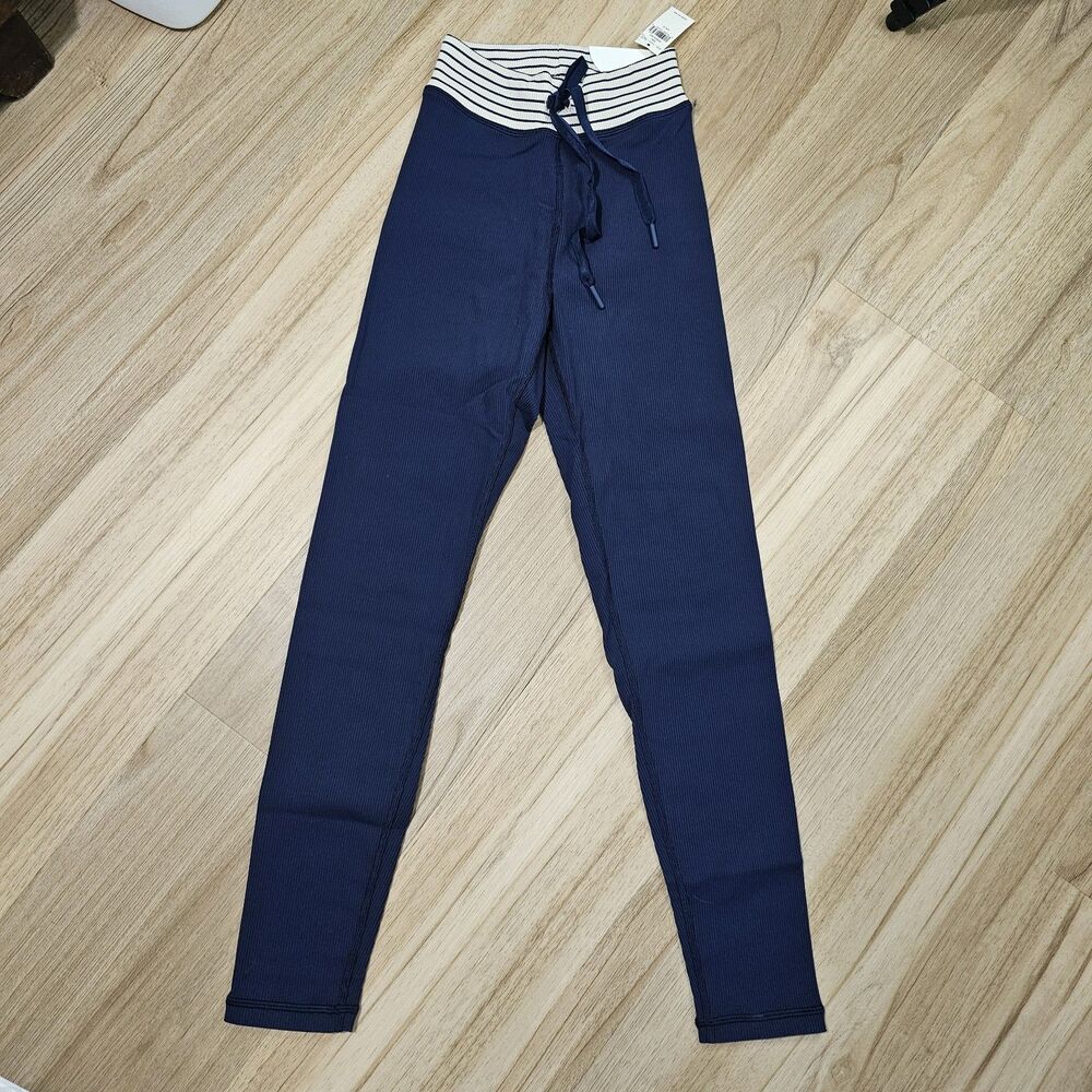 Aerie Offline‎ Ribbed Navy Blue Drawstring 7/8 Legging Small Stripes